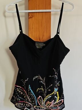 Black Embroidered Floral Silk Cami with Multicolor Accents